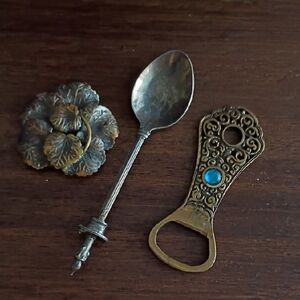 Vintage-Style Brass Bottle Opener Turquoise Accent -Clothing Pin, Antique Spoon